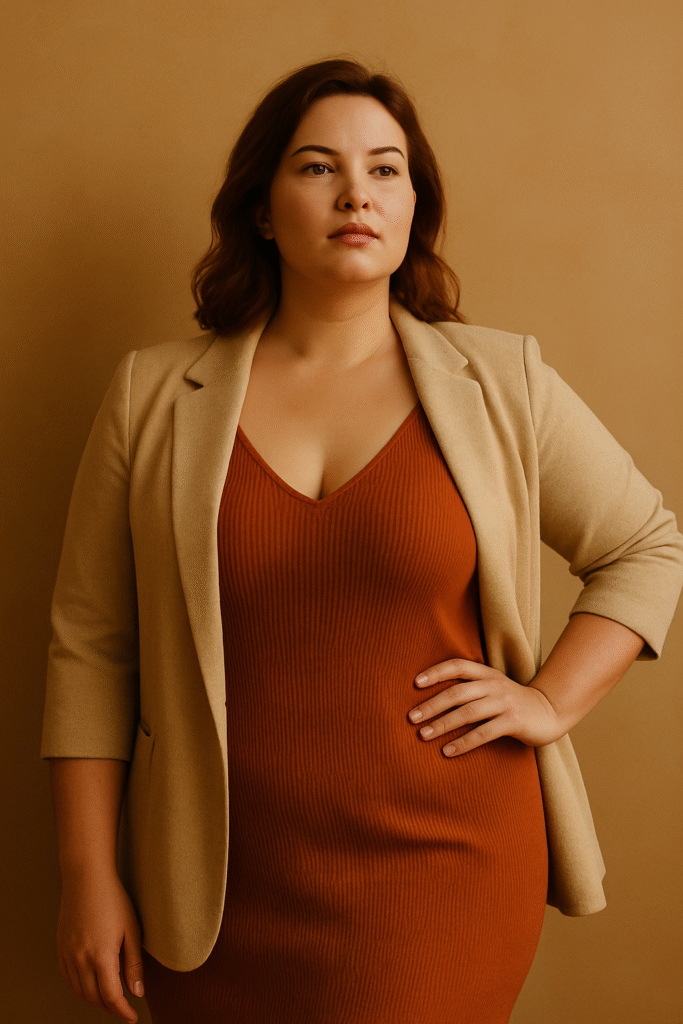 Mulher empoderada com postura decidida, mão na cintura, usa blazer creme e vestido laranja queimado.